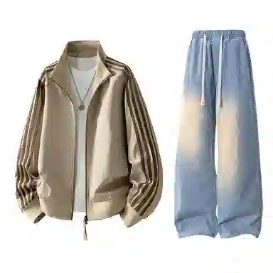 【防泼水外套裤子一套】布客行 三条杆条纹螺纹立领美式复古高街上衣夹克直筒水洗做旧微喇基础款松紧腰抽绳牛仔裤休闲运动套装 男女同款