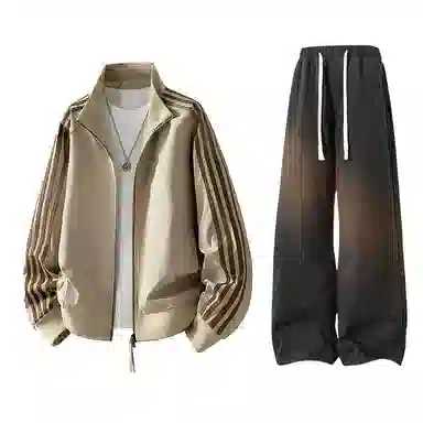 【防泼水外套裤子一套】布客行 三条杆条纹螺纹立领美式复古高街上衣夹克直筒水洗做旧微喇基础款松紧腰抽绳牛仔裤休闲运动套装 男女同款