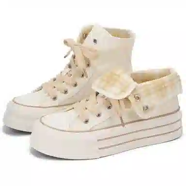 韩系小众百搭翻边格纹学院风舒适轻便防滑休闲运动两穿 耐磨增高减震 高帮 帆布鞋 女款