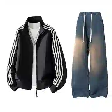 【防泼水外套裤子一套】布客行 三条杆条纹螺纹立领美式复古高街上衣夹克直筒水洗做旧微喇基础款松紧腰抽绳牛仔裤休闲运动套装 男女同款