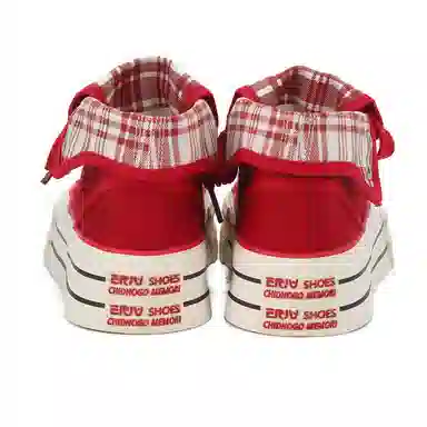 韩系小众百搭翻边格纹学院风舒适轻便防滑休闲运动两穿 耐磨增高减震 高帮 帆布鞋 女款