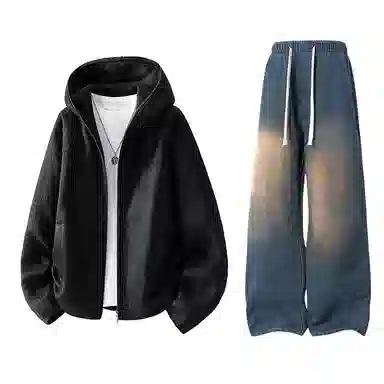 【粗纺仿羊绒外套裤子一套】布客行 连帽高街绒感保暖美式复古上衣夹克直筒水洗做旧微喇基础款松紧腰抽绳牛仔裤休闲运动套装 男女同款