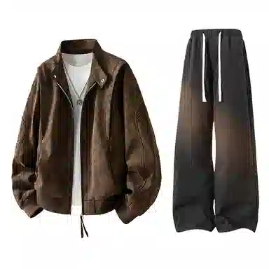 【绒感雾花皮外套裤子一套】布客行 美拉德立领拼接结构美式复古高街夹克直筒水洗做旧微喇基础款松紧腰抽绳牛仔裤休闲运动套装 男女同款