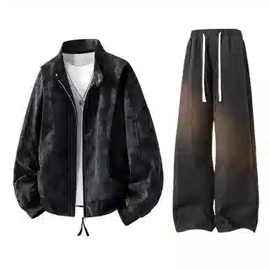 【绒感雾花皮外套裤子一套】布客行 美拉德立领拼接结构美式复古高街夹克直筒水洗做旧微喇基础款松紧腰抽绳牛仔裤休闲运动套装 男女同款