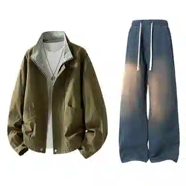 【水洗猫眼外套裤子一套】布客行 美式格子翻领美拉德复古高街上衣夹克直筒做旧微喇基础款抽绳松紧腰牛仔裤休闲运动套装 男女同款