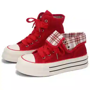 韩系小众百搭翻边格纹学院风舒适轻便防滑休闲运动两穿 耐磨增高减震 高帮 帆布鞋 女款