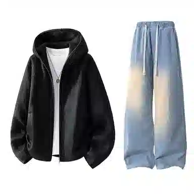 【粗纺仿羊绒外套裤子一套】布客行 连帽高街绒感保暖美式复古上衣夹克直筒水洗做旧微喇基础款松紧腰抽绳牛仔裤休闲运动套装 男女同款