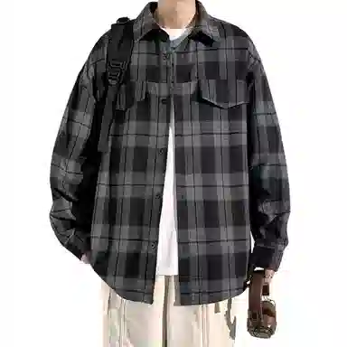 冈哉 港风复古格子双口袋拼接翻领单排扣设计美式潮流宽松松弛感衬衣外套外穿内搭叠穿休闲通勤长袖衬衫 男女同款