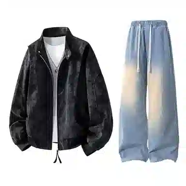 【绒感雾花皮外套裤子一套】布客行 美拉德立领拼接结构美式复古高街夹克直筒水洗做旧微喇基础款松紧腰抽绳牛仔裤休闲运动套装 男女同款