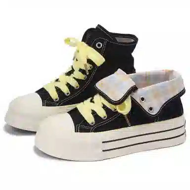 韩系小众百搭翻边格纹学院风舒适轻便防滑休闲运动两穿 耐磨增高减震 高帮 帆布鞋 女款