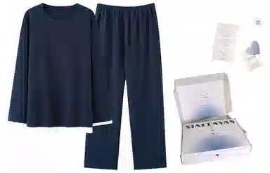 夏芬妍 时尚简约亲肤拼接色纯棉华夫格圆领套头家居服舒适休闲长袖长裤可外穿春秋款睡衣套装 男款 蓝色