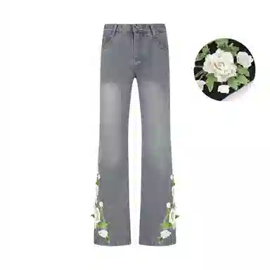 【万针刺绣3D立体浮雕】布客行 重工美式复古水洗直筒基础款花卉透气高街舒适亲肤休闲百搭微喇纯色长裤显高显瘦显腿长牛仔裤 男女同款