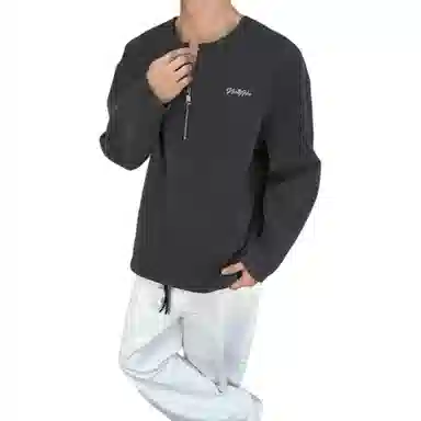 【高街半开领华夫格】布客行 拉链领口长袖内搭美式复古亲肤柔顺港风垂感宽松大码日系慵懒风纯色小众百搭学院风可外穿通勤卫衣 男女同款