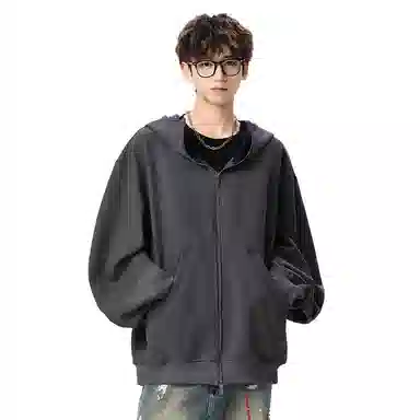 顶峰保罗 美式重磅连帽开衫双头拉链外套无性别主义休闲潮牌高街百搭上衣简约时尚纯色痞帅慵懒风长袖卫衣 男女同款