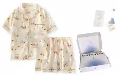 夏芬妍 柔软舒适欢乐腊肠狗云朵棉翻领开衫家居服亲肤休闲短袖短裤可外穿睡衣套装 女款 杏色