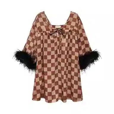 桑罗 复古睡衣格纹羽毛舒适可外穿七分袖家居服睡裙 女款