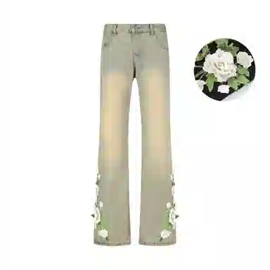 【万针刺绣3D立体浮雕】布客行 重工美式复古水洗直筒基础款花卉透气高街舒适亲肤休闲百搭微喇纯色长裤显高显瘦显腿长牛仔裤 男女同款