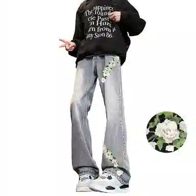 【万针刺绣3D立体花卉】布客行 重工美式复古水洗直筒基础款高街舒适亲肤透气休闲百搭微喇纯色长裤显高显瘦显腿长弹力牛仔裤 男女同款