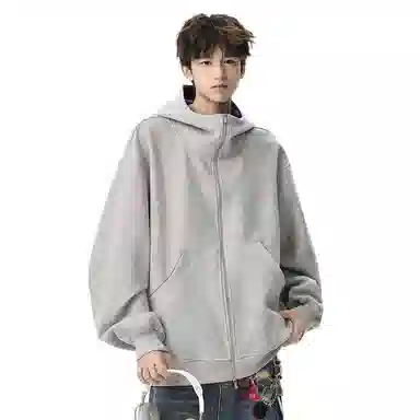 顶峰保罗 美式重磅连帽开衫双头拉链外套无性别主义休闲潮牌高街百搭上衣简约时尚纯色痞帅慵懒风长袖卫衣 男女同款