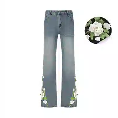 【万针刺绣3D立体浮雕】布客行 重工美式复古水洗直筒基础款花卉透气高街舒适亲肤休闲百搭微喇纯色长裤显高显瘦显腿长牛仔裤 男女同款