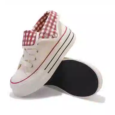 韩系小众百搭翻边格纹学院风舒适轻便防滑休闲运动两穿 耐磨增高减震 高帮 帆布鞋 女款