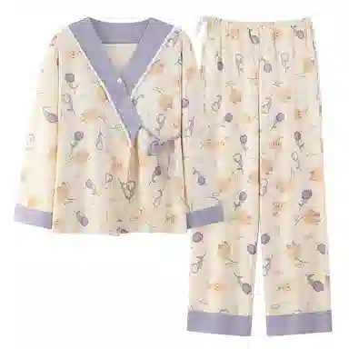 莫代尔 清新春秋一体式气质简约带杯垫月子家居服睡衣套装 女款