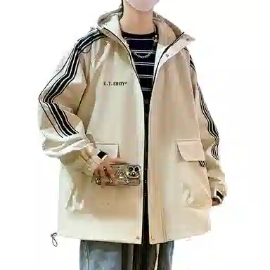 顶峰保罗 美式条纹拼接撞色拉链休闲工装长袖连帽上衣无性别主义直筒宽松加肥加大简约百搭潮牌高街夹克外套 男女同款