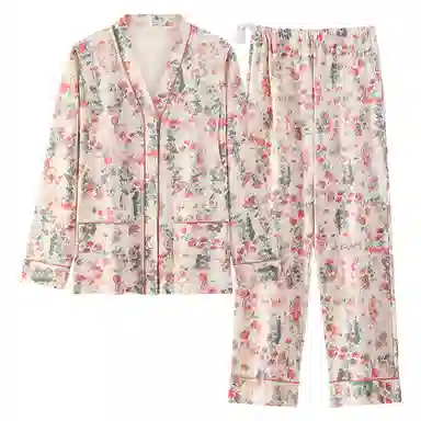 莫代尔 清新春秋一体式带杯垫气质简约花色月子家居服睡衣套装 女款