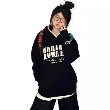 桴生 纯棉美式高街字母贴布刺绣连帽宽松学院风百搭休闲复古时尚特大码卫衣 女款