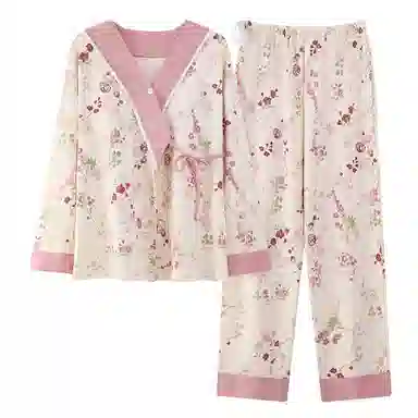 莫代尔 清新春秋一体式带杯垫气质简约月子家居服睡衣套装 女款