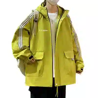 顶峰保罗 美式条纹拼接撞色拉链休闲工装长袖连帽上衣无性别主义直筒宽松加肥加大简约百搭潮牌高街夹克外套 男女同款