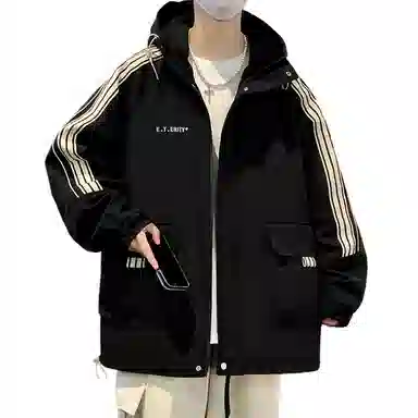 顶峰保罗 美式条纹拼接撞色拉链休闲工装长袖连帽上衣无性别主义直筒宽松加肥加大简约百搭潮牌高街夹克外套 男女同款