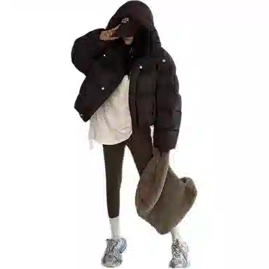 黛尔佳人 纯色宽松连帽适中棉服 女款