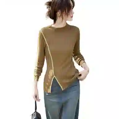 【dme】 秋季气质半高领线衫设计感分割撞色开叉优雅舒适简约大方修身针织衫 女款