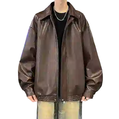 宝米卡 美拉德纯色翻领机车外套休闲春秋潮皮衣 男女同款