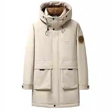 鸭鸭 工装风格纯色连帽大口袋情侣保暖通勤休闲中长款百搭羽绒服 男女同款