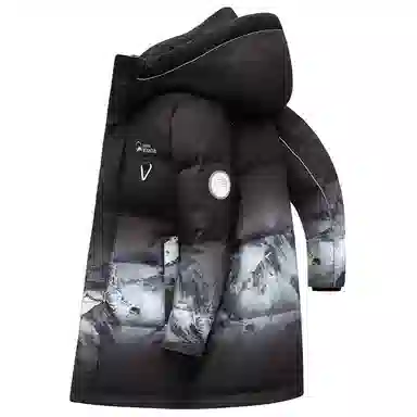 鸭鸭 雪山渐变迷彩系列 情侣中长款户外保暖连帽韩版休闲宽松潮流羽绒服 男女同款