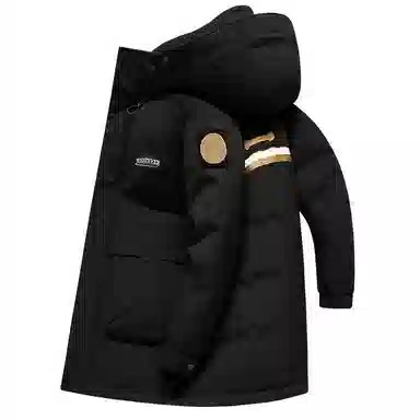 鸭鸭 工装风格纯色连帽大口袋情侣保暖通勤休闲中长款百搭羽绒服 男女同款