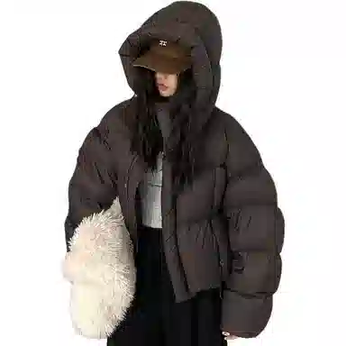 黛尔佳人 纯色宽松连帽适中棉服 女款