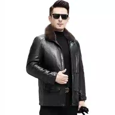 比利斯山羊 水貂毛领商务休闲真皮皮衣 男女同款