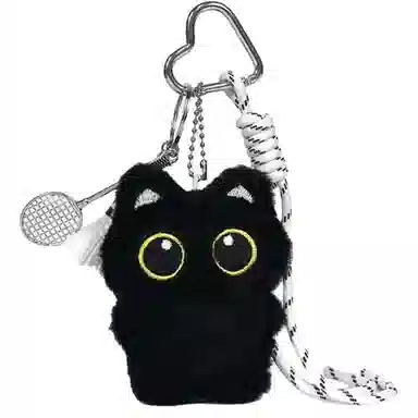 千桐 羽毛球小黑猫 日系可爱萌趣小猫 森系多巴胺爱心挂绳 创意清新卡通包包百搭#好运 毛绒 挂件 男女同款情侣款