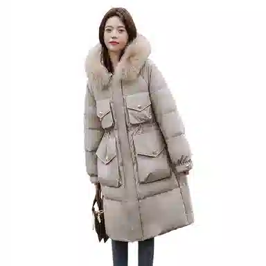 鸭鸭 中长款百搭狐狸毛领常规长袖羽绒服 女款