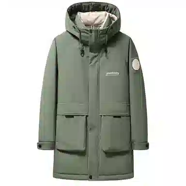 鸭鸭 工装风格纯色连帽大口袋情侣保暖通勤休闲中长款百搭羽绒服 男女同款