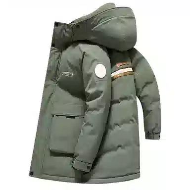 鸭鸭 工装风格纯色连帽大口袋情侣保暖通勤休闲中长款百搭羽绒服 男女同款