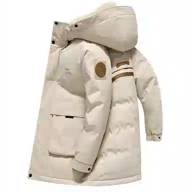 鸭鸭 工装风格纯色连帽大口袋情侣保暖通勤休闲中长款百搭羽绒服 男女同款