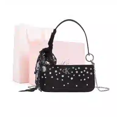 Calvin Klein Snow Country Love Letter Ido Lace Rhinestone Shoulder Bag Black