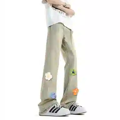 【3D立体线绒刺绣】布客行 美式高街微喇修身显高显腿长潮牌花卉休闲百搭长裤子复古水洗做旧文艺风通勤弯刀弹力牛仔裤 男女同款