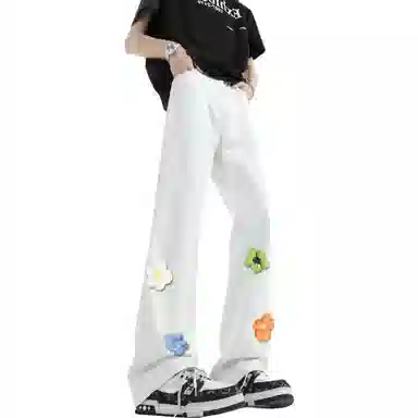 【3D立体线绒刺绣】布客行 美式高街微喇修身显高显腿长潮牌花卉休闲百搭长裤子复古水洗做旧文艺风通勤弯刀弹力牛仔裤 男女同款