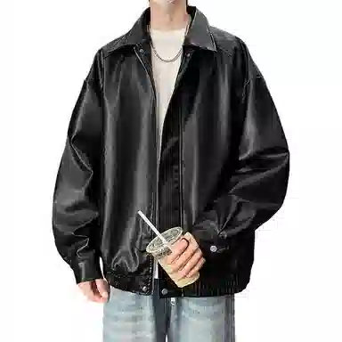 宝米卡 美拉德纯色翻领机车外套休闲春秋潮皮衣 男女同款