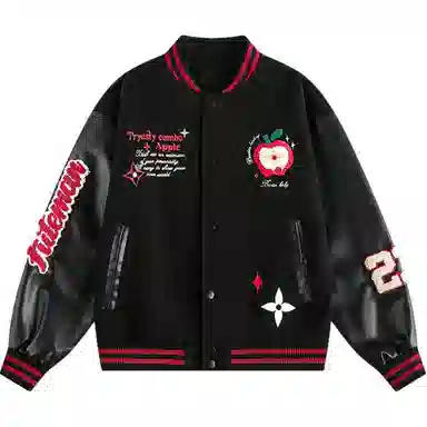 稻草人  苹果小猫毛巾绣美式潮牌拼接撞色棒球服 男女同款